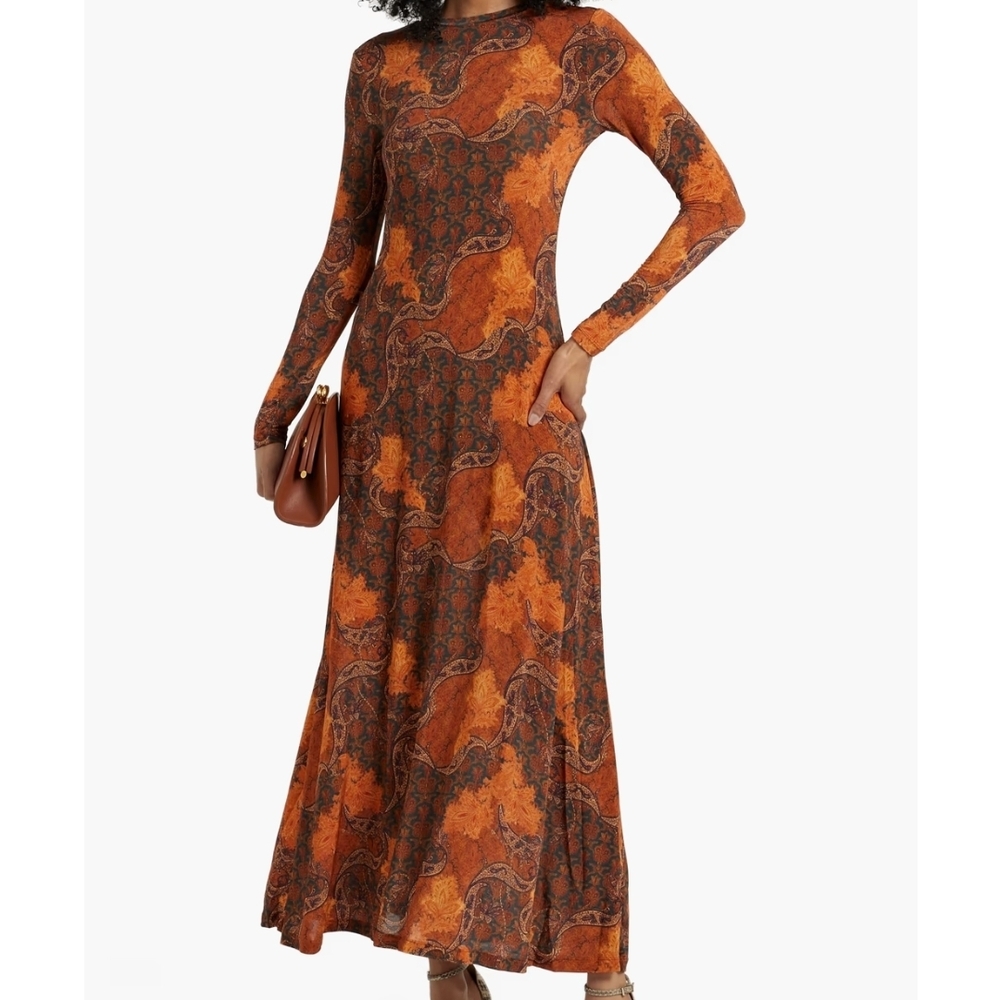 Ulla Johnson Light Weight Long Sleeve Orange Paisley Maxi Dress - Picture 3 of 6